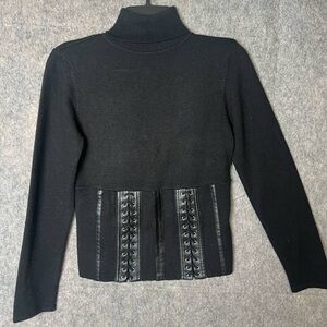 Cabo Woman Size Small Black‎ turtleneck faux leather corset around waist sweater